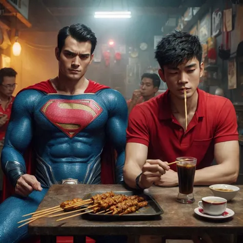 create a hyper realistic photo of superman and a 25 year old asian man with short, spiky hair wearing a red polo shirt sitting o...