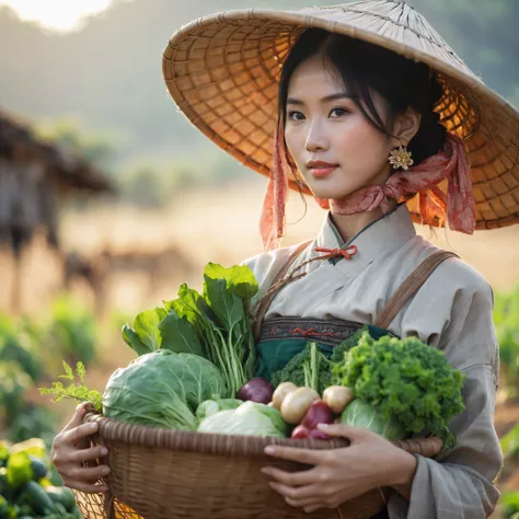 arafed woman carrying a basket of vegetables in a field, japanesse farmer, vietnamese woman, traditional beauty, traditional, as...