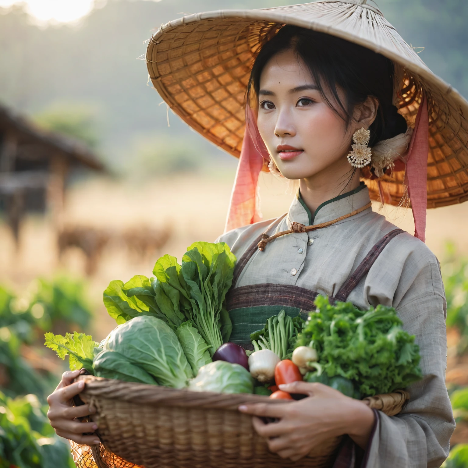 arafed woman carrying a basket of vegetables in a field, japanesse farmer, vietnamese woman, traditional beauty, traditional, asian woman, in style of lam manh, an asian woman, asian girl, in style of thawan duchanee, traditional clothes, wearing farm clothes, a young asian woman, sukhothai costume, chinese woman, gorgeous lady, Bokeh background, Taken using Sony Alpha α7CR full-frame, Fullcolor, profile picture 1536px, photorealistic, high quality