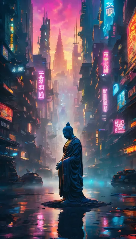 masterpiece: a serene buddha in the heart of a cyberpunk metropolis read more:peaceful buddha silhouetted against a gritty cyber...