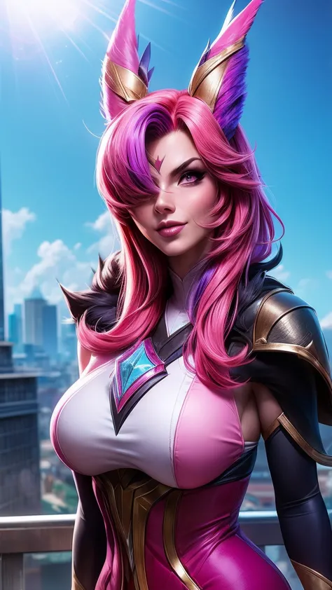 ((best quality)), ((​masterpiece)), ((xayah)), (league of legends), ((standing)), erotic pose, (pink eyes), ((red hood head gear...