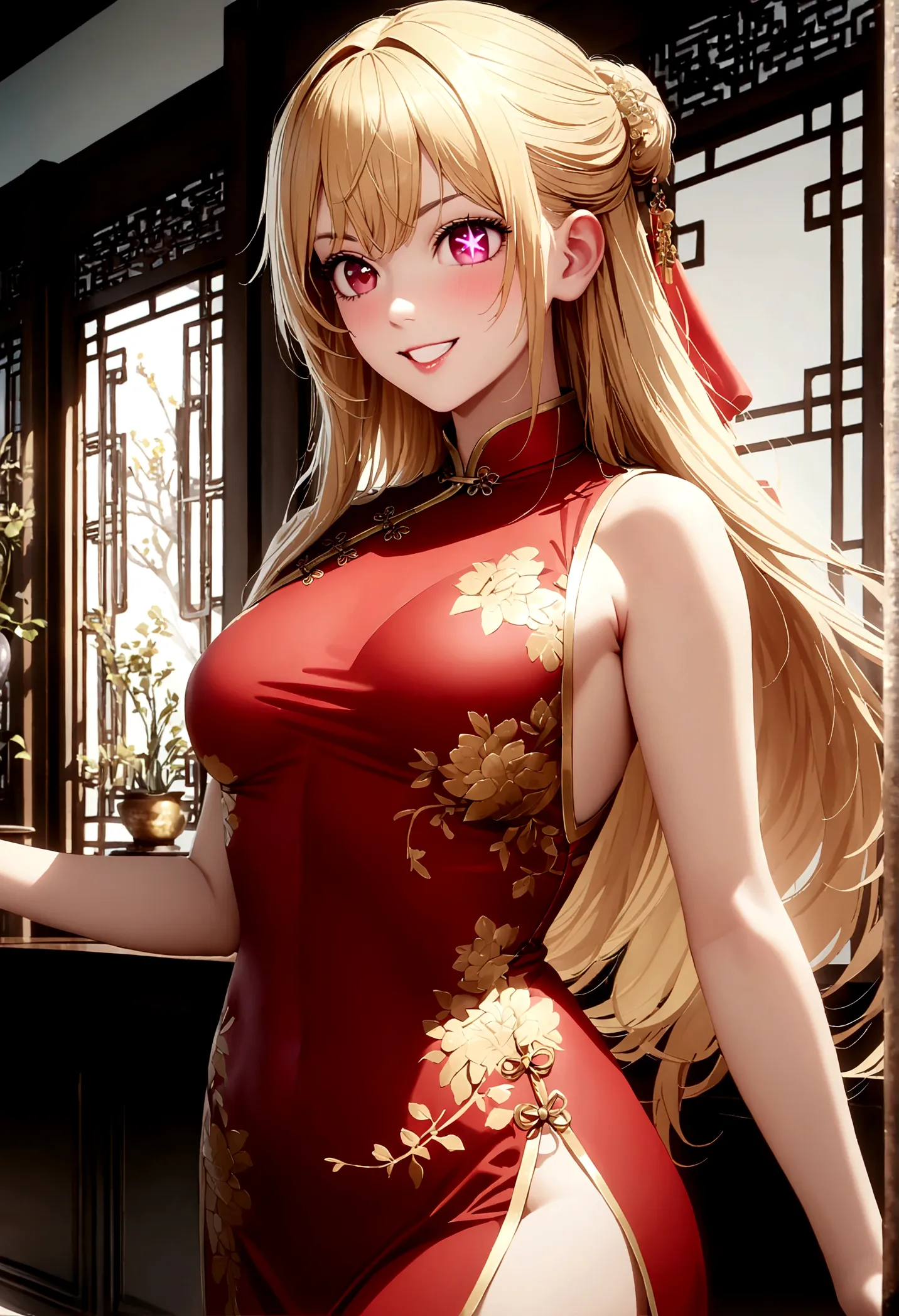 china dress, gold decoration dress, hoshinoruby, star-shaped pupils, ruby_hoshino, blonde hair, bangs, 1girl, pink eyes, long ha...