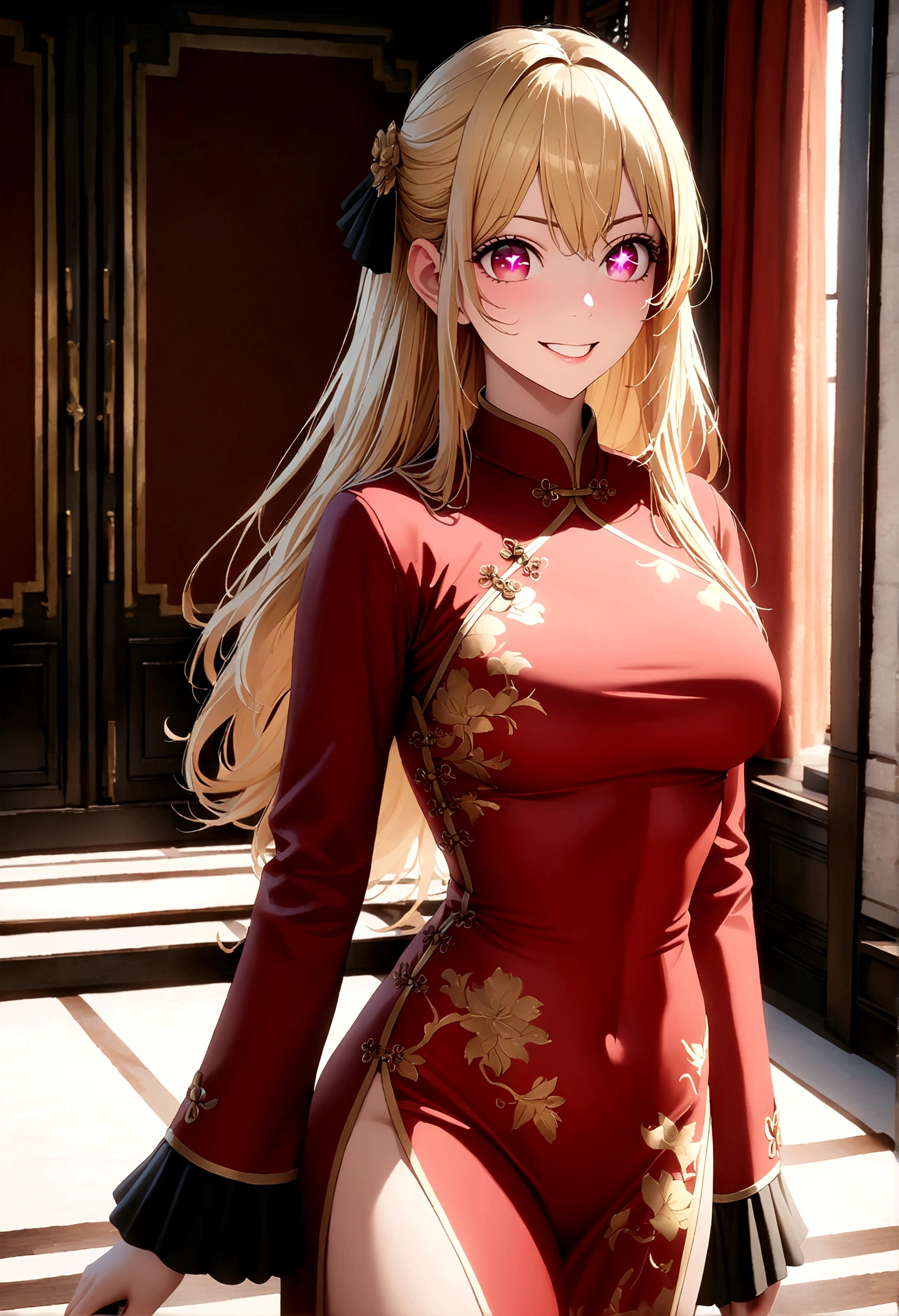 china dress, gold decoration dress, hoshinoruby, star-shaped pupils, ruby_hoshino, blonde hair, bangs, 1girl, pink eyes, long hair, cowboy shot, (masterpiece), (high quality), 8K, high resolution, extremely detailed CG, photorealistic, grin, Chinese Imperial Courts,