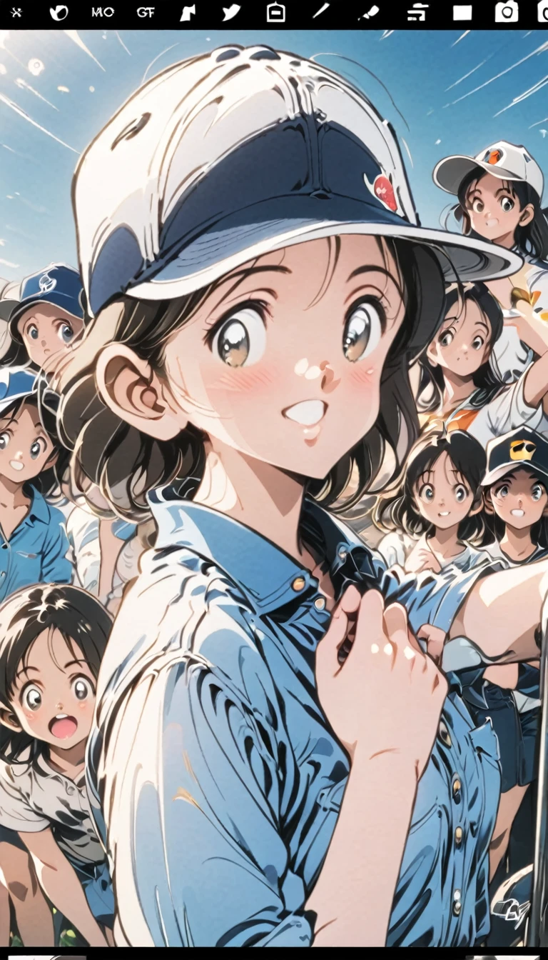 
a woman in a denim shirt and hat posing for a picture, a picture by Nagasawa Rosetsu, instagram, shin hanga, ayaka, wearing a cute hat, wearing baseball cap, narumi kakinouchi, chiho, yukii morita, wearing a baseball cap, sui ishida, aoi ogata, tsutomo nihie