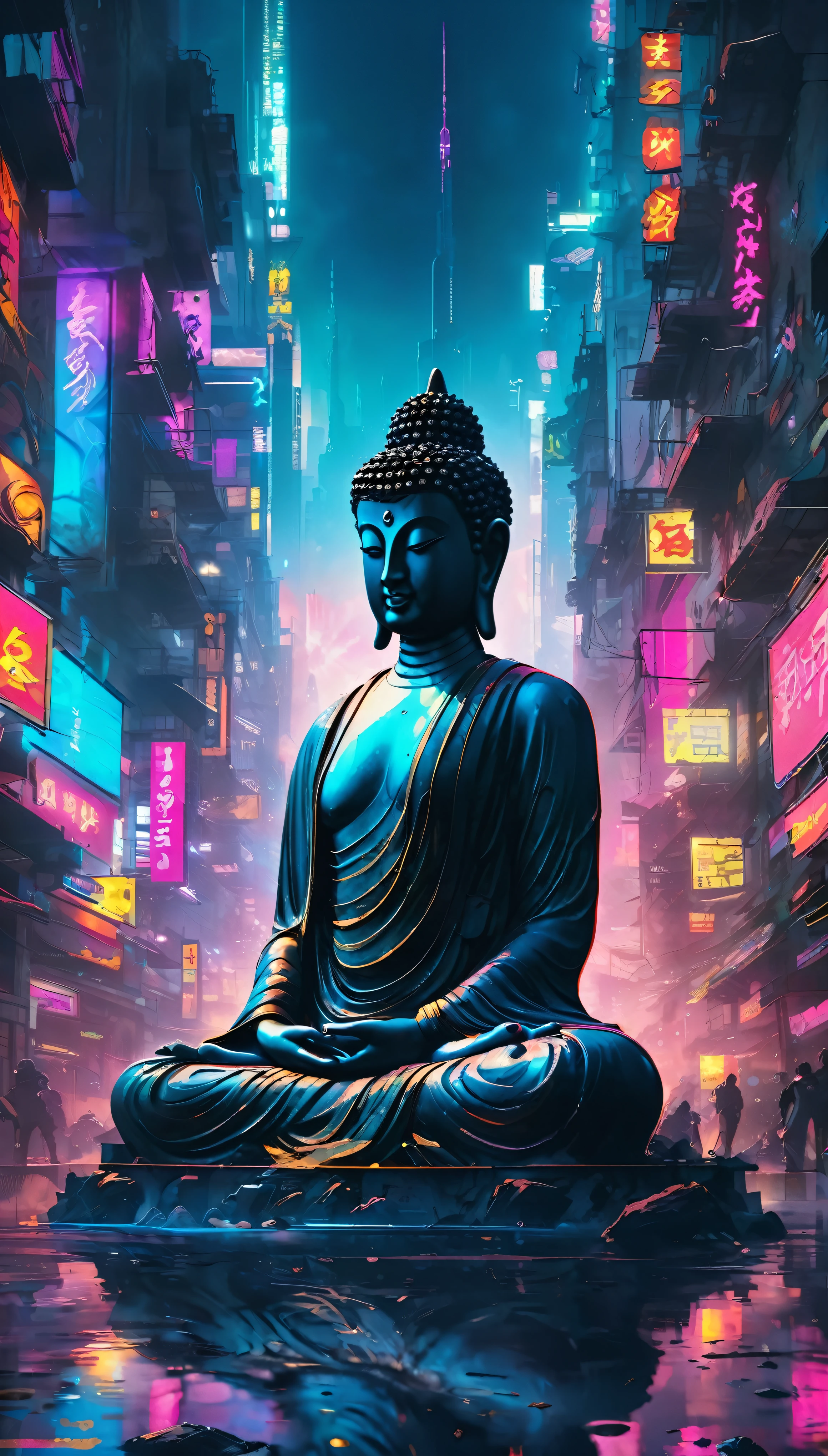 chef-d&#39;œuvre: Un Bouddha serein au cœur d&#39;une métropole cyberpunk Lire la suite:Bouddha paisible se découpant sur un fond de ville cyberpunk réaliste:Méditation Cyberpunk:Bouddha zen hyperréaliste dans une grande ville éclairée au néon:Méditation Cyberpunkのchef-d&#39;œuvre:Un Bouddha serein dans un environnement vibrant, paysage urbain futuriste. beauté tout en courbes.:Méditation Cyberpunk:Un Bouddha sophistiqué et moderne entouré des bords épurés et pointus de la ville néon.