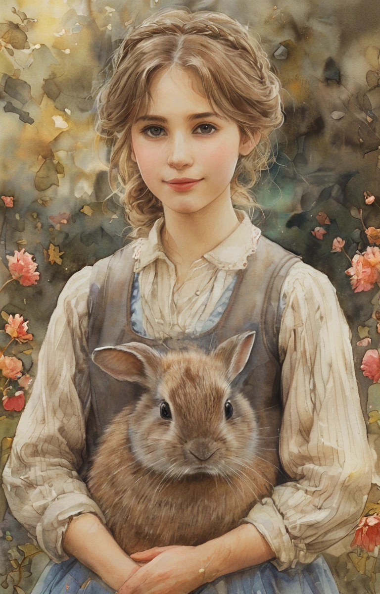 masterpiece, best quality, (lora:tbh134-sdxl:0.85), idolmaster cinderella girls, portrait, illustration, watercolor, Beatrix Potter, beautiful detailed eyes, beautiful detailed lips, extremely detailed eyes and face, long eyelashes, beautiful young girl, detailed facial features, elegant expression, soft lighting, warm color palette, detailed clothing, intricate patterns, delicate textures, natural setting, lush flora, whimsical atmosphere, dreamlike quality