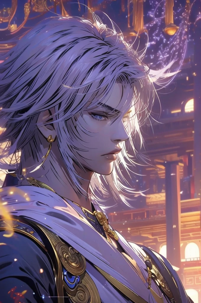 a man in a white robe, young and handsome man, ponytail, waist-length hair, ancient Chinese clothing, qi, a huge saber, ancient Chinese buildings in the background, night, powerful character, purple rays, a beautiful landscape. Detailed face, thick eyebrows, black eyes, 8k, robe embroidered with gold edges, detailed clothing, xianxia, ​​world of cultivation. ((upper body))