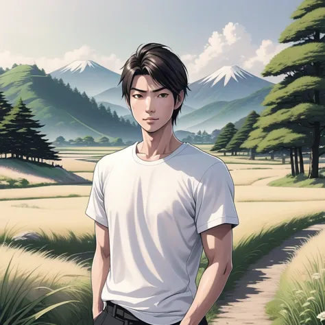 A gentle and warm illustration of a Japanese man in his early 30s with short hair, wearing a white T-shirt and black pants. He i...