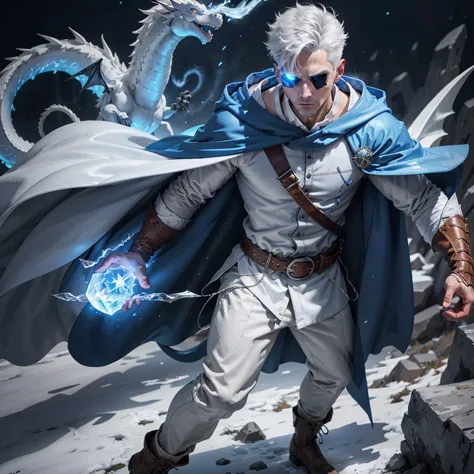 design 1wizard man shooting a ice beam. young man with a transparent hooded cape.light gray hair. glowing white eyes wearing a w...