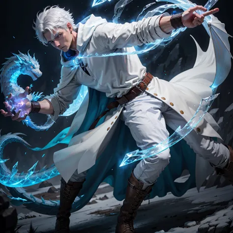 design 1wizard man shooting a ice beam. young man with a transparent hooded cape.light gray hair. glowing white eyes wearing a w...