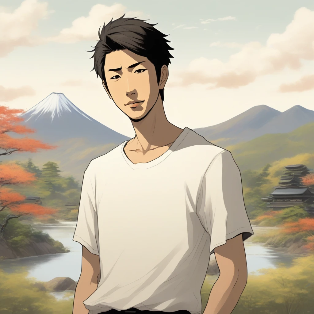 A gentle and warm illustration of a Japanese man in his early 30s with short hair, wearing a white T-shirt and black pants. He is slim and about 170cm tall, with a friendly rather than handsome face. He has a gentle smile and a slightly melancholic look in his eyes. The background is a beautiful landscape where digital and nature are fused. The overall style should be natural and approachable, emphasizing trustworthiness.
