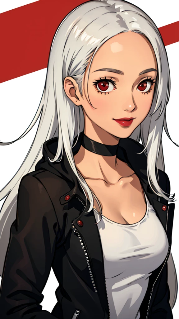 1 girl, milf, Red eyes, long hair, black choker, lipstick, smile, white hair, tank top, medium breast, portrait, face portrait, wheatskin, jacket, forehead