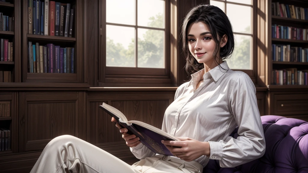 masterpiece, best quality, extremely detailed, hyperrealistic:1.1, photorealistic, a beautiful 20s russian model, ultra detailed face:1.1, white long sleeve shirt, purple pants:1.1, medium hair, black hair, reading a book, ultra detailed library, joyfun smile