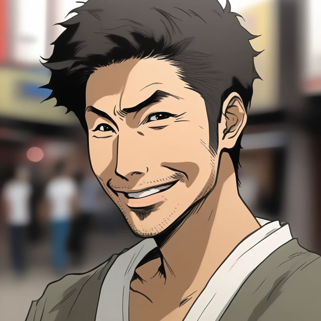 A close-up portrait, in a hand-drawn style, of a Japanese man in his early 30s with short hair, wearing a white T-shirt and black pants. He has a friendly and approachable smile with slightly raised corners of his mouth, and kind, intelligent eyes. The background is blurred to emphasize the person.  The overall impression should be trustworthy and approachable, depicting an attractive man who people would want to follow.