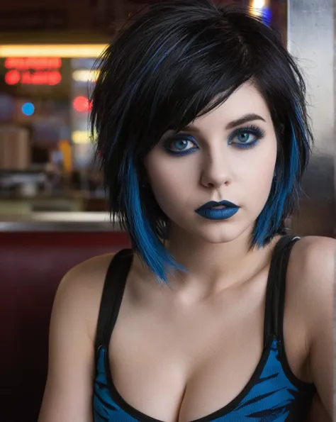 photo from above of a 19 year old sexy smokeshow goth girl, (light gray lipstick), (short spiked black hair with blue highlights...