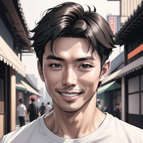A close-up portrait, in a hand-drawn style, of a Japanese man in his early 30s with short hair, wearing a white T-shirt and blac...