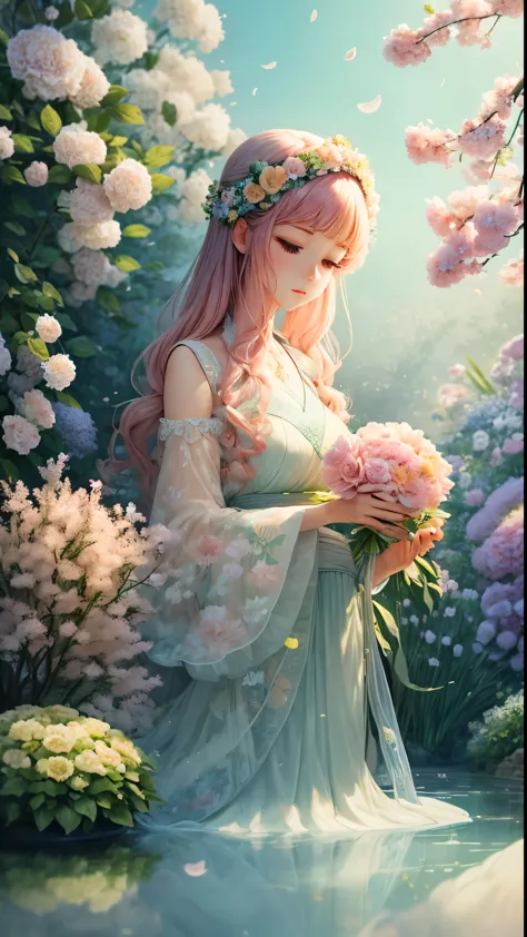 Whimsical fantasy illustration、Elegant Rose Flowers Botany、Minimalist setting with floral garden waves。Four Seasons Discount々Flo...