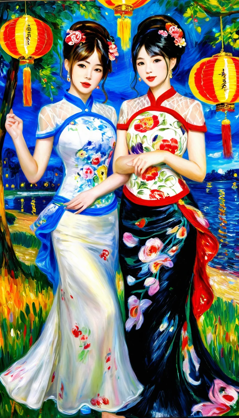abstract. (night), a beautiful impressionist painting by auguste renoir, 2 asian girls wearing cheongsam dresses, festival vibes, standing in a beautiful night landscape, vibrant colors, intricate details, masterful brushstrokes