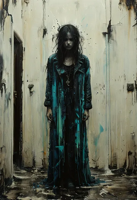 Ghostly figure drifting through abandoned halls, LED Lighting, Gorgeous splash of vibrant paint