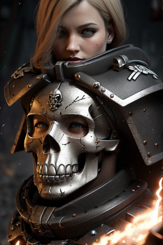 um retrato altamente detalhado e realista de uma linda mulher loira usando uma armadura poderosa com um emblema de caveira, olhando diretamente para o espectador, Ultra-detalhado, 8K, fotorrealista, iluminação cinematográfica, paleta de cores dramática, obra de arte, qualidade de borda
