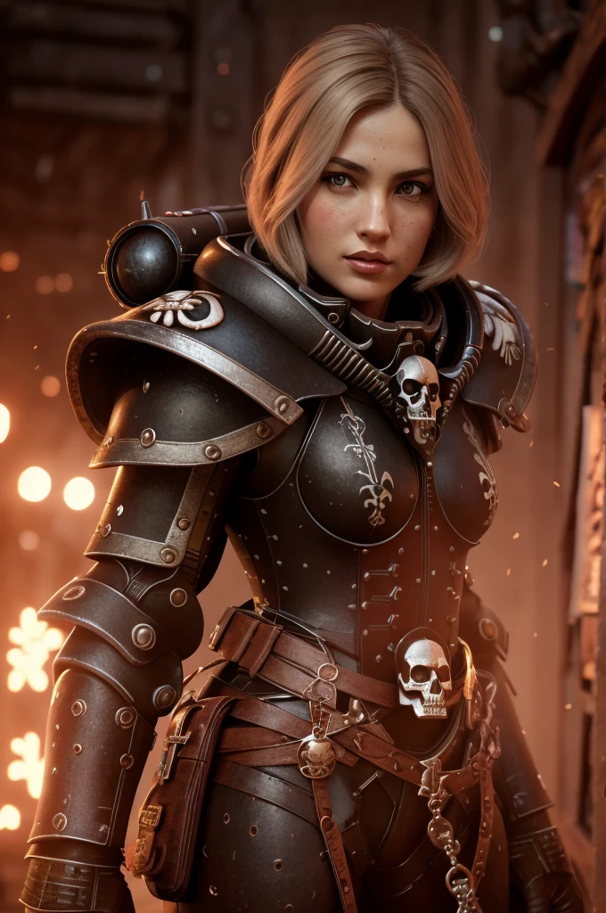 a highly detailed and realistic portrait of a beautiful blonde woman wearing power armor with a skull emblem, looking directly at the viewer, ultra-detailed, 8k, photorealistic, cinematic lighting, dramatic color palette, masterpiece, edg quality
