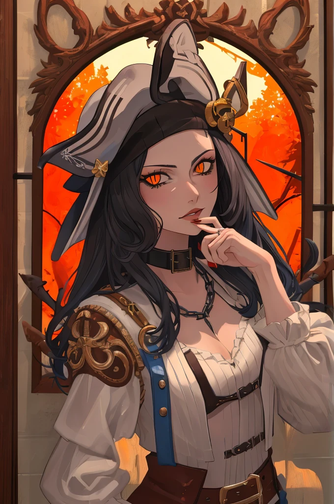 (8k, HD, best quality, intricate details, dark colors, masterpiece: 1.2) (suave woman: 1.5) a painting of a sexy pirate snake with orange snake eyes sitting in a bar holding a pistol, portrait of a pirate, pirate hat, an evil pirate grinning, fantasy pirate, animal eyes, snake eyes pirate, serpentine body, serpentine face, pirate, handsome woman, swashbuckler, privateer, black hair, bar background, wooden wall, liquor on shelves, seductive, staring at viewer, snake eyes, holding weapon