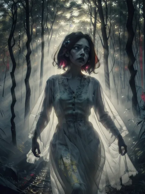 Portrait, Zombie (Bride:1.2) in a Creepy forest, floating, wedding dress, solo (ghost:0.8), shadows, dreary, (colorful ink paint...