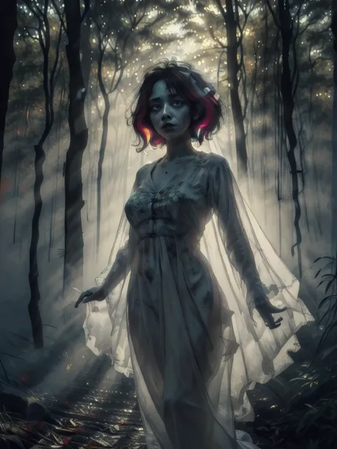 Portrait, Zombie (Bride:1.2) in a Creepy forest, floating, wedding dress, solo (ghost:0.8), shadows, dreary, (colorful ink paint...