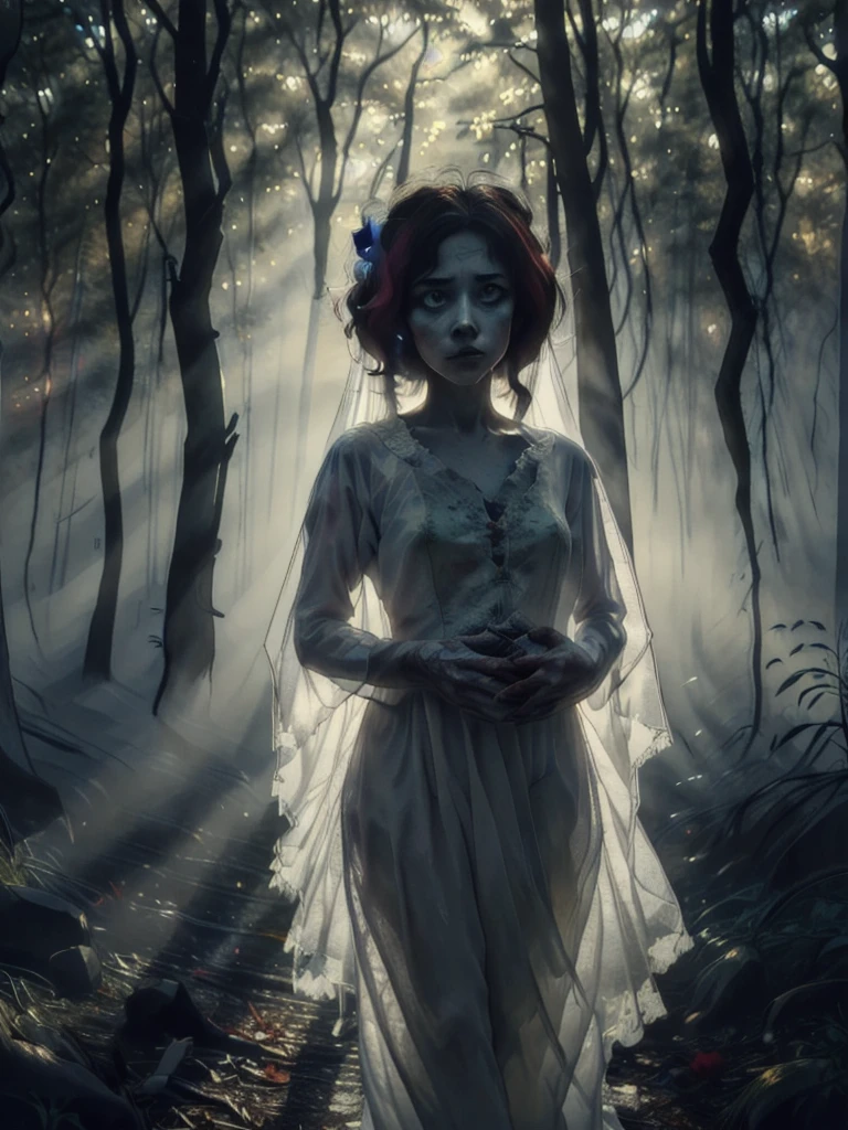 Portrait, Zombie (Bride:1.2) in a Creepy forest, floating, wedding dress, solo (ghost:0.8), shadows, dreary, (colorful ink painting:1.1), style of WLOP, colorful ink painting, detailed, sharp, HD, HDR, masterpiece, best quality, best resolution, splashscreen, cinematic lighting, depth of field, epic, dramatic, apocalyptic kitsch and psychedelia, elaborate mannequin, (dreamwave art:1.1), fine art, (intricate:1.1) dreamscape background, (rough oil paint:1.2), mysterious, ethereal, aesthetic, soft light