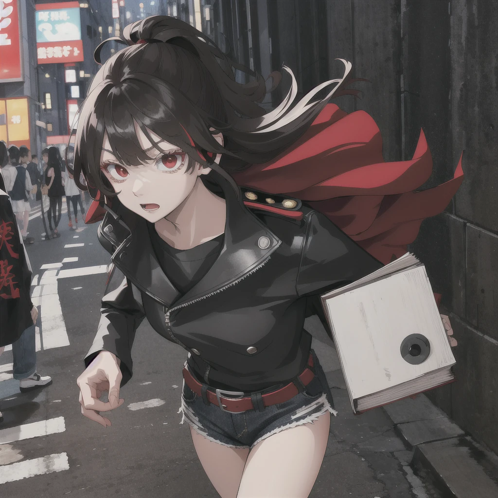 Tokyo Revengers screenshot. 16 year old girl, long straight black hair with red and white highlights and bangs. She has red eyes and has a serious expression, while she held a book in her hand. She is dressed in a black trench coat with urban details, underneath she has a loose white t-shirt and baggy jeans, and she is wearing headphones. She is standing in an alley at night. Tokyo Revengers drawing style.