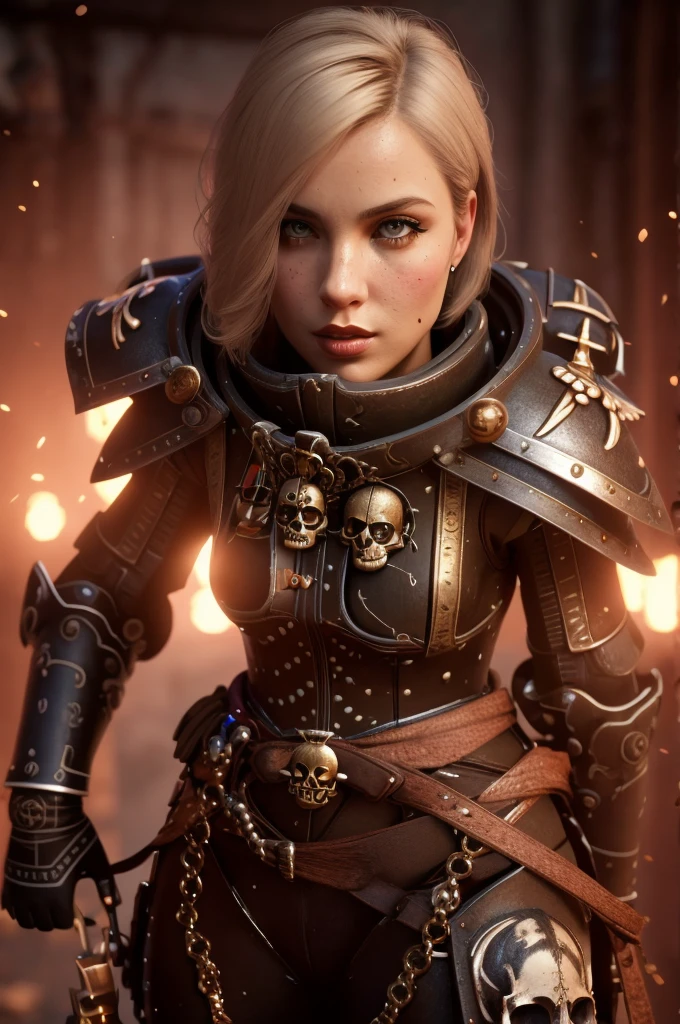 um retrato altamente detalhado e realista de uma linda mulher loira usando uma armadura poderosa com um emblema de caveira, olhando diretamente para o espectador, ultra-detalhado, 8K, fotorrealista, iluminação cinematográfica, paleta de cores dramática, Obra de arte, qualidade de borda
