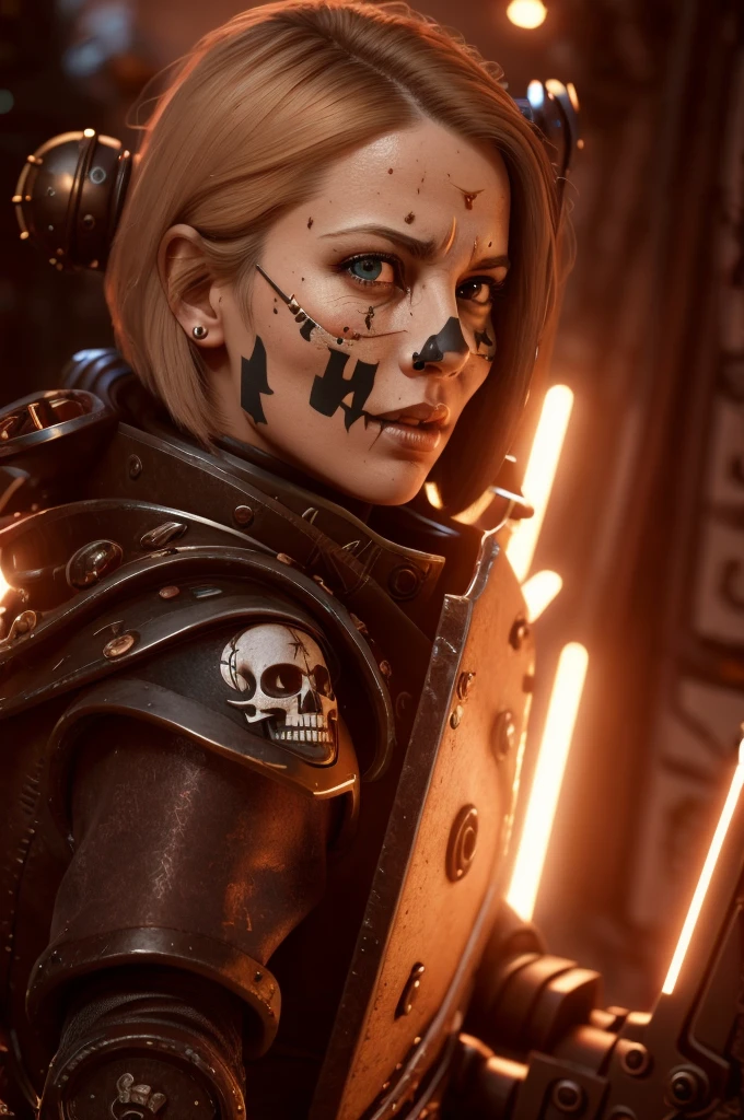 a highly detailed and realistic portrait of a beautiful blonde woman wearing power armor with a skull emblem, looking directly at the viewer, ultra-detailed, 8k, photorealistic, cinematic lighting, dramatic color palette, masterpiece, edg quality
