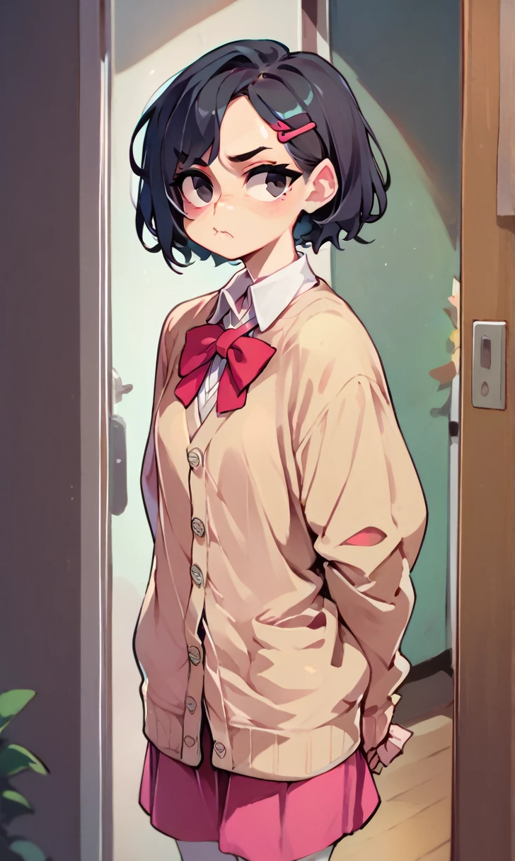 (score_9, score_8_up), score_7_up, score_6_up, score_5_up, score_4_up, Zenko, 1girl, black hair, hair ornament, hairclip, black eyes, short hair, beige cardigan, cardigan, pink dress, red ribbon, standing, hands behind back, looking away, pout, white socks, black footwear, cheeks, pout, indoors, bedroom, close-up xaxaxa