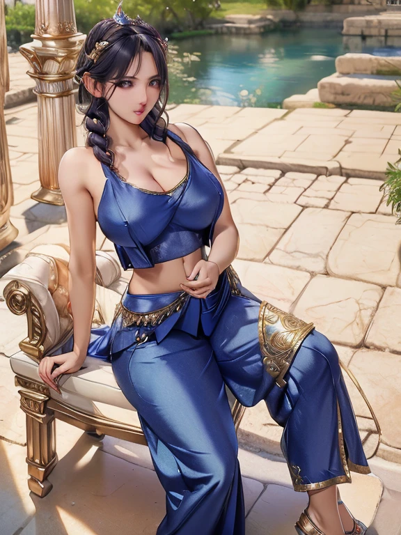 (from_more than:0.2), 1 girl, Full body portrait, (Crist 3n) Women are magic elves (Wearing a magical crop top and harem pants), , Short hair braids, Large Breasts 高跟鞋, Intricate details, Ultra HD, Natural Lighting, Perfect anatomical structure, ((Accurate face)), Precise features, Sitting on the throne, Parthenon in Greece, 8K photorealism, , Nikon D750, SFW, wear clothes, solitary ((Full and soft breasts,)))(((Large Breasts))) (((cleveage)))