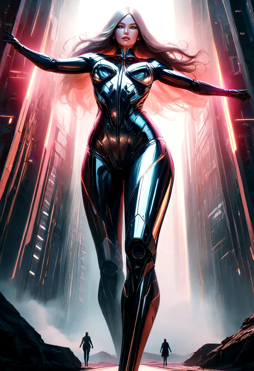 a giant woman in a sleek futuristic power suit, highly detailed, hyper realistic, 8k, cinematic lighting, dramatic pose, glowing...