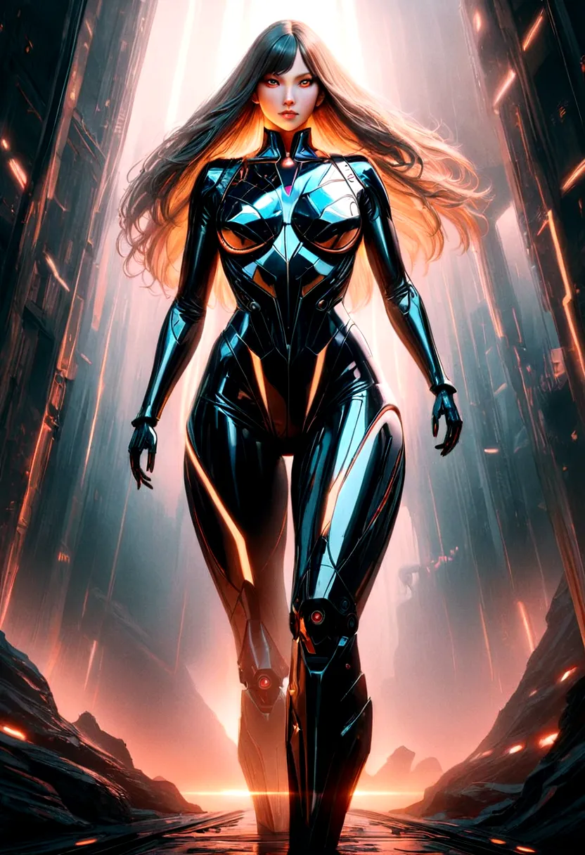 a giant woman in a sleek futuristic power suit, highly detailed, hyper realistic, 8k, cinematic lighting, dramatic pose, glowing...