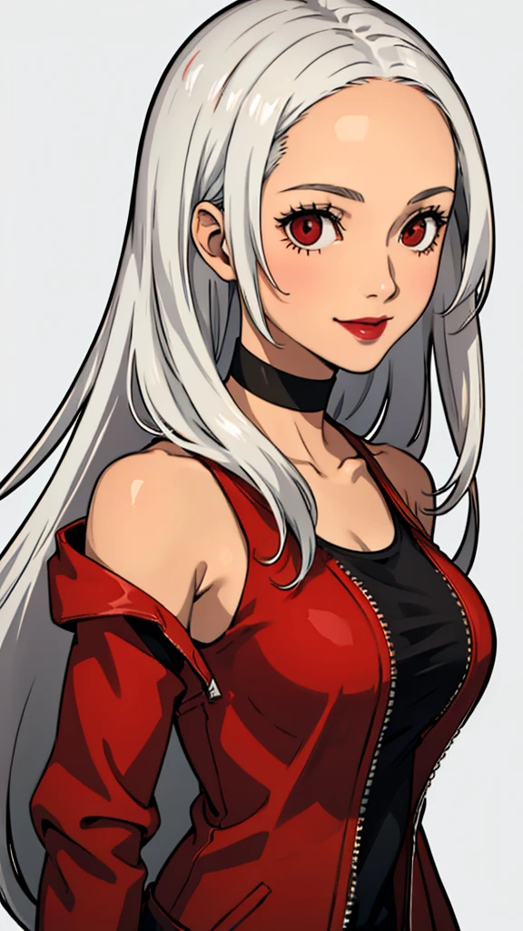 1 girl, milf, Red eyes, long hair, black choker, lipstick, smile, white hair, tank top, medium breast, portrait, face portrait, wheatskin, jacket, forehead