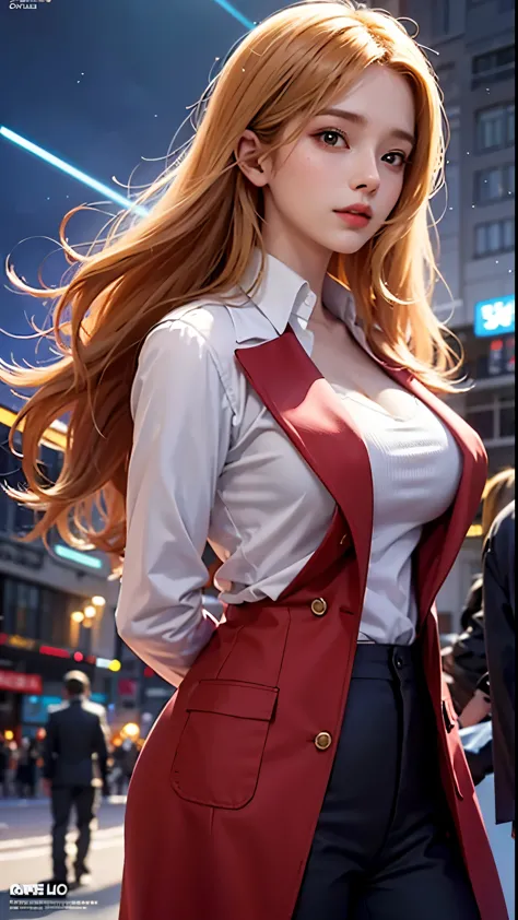 (Realistic:0.2)、Anime illustration、 1 Girl、Red coat、Blonde Hair、 A stage set in Paris, France『Workplace(SFW)』 Black trousers、Bla...