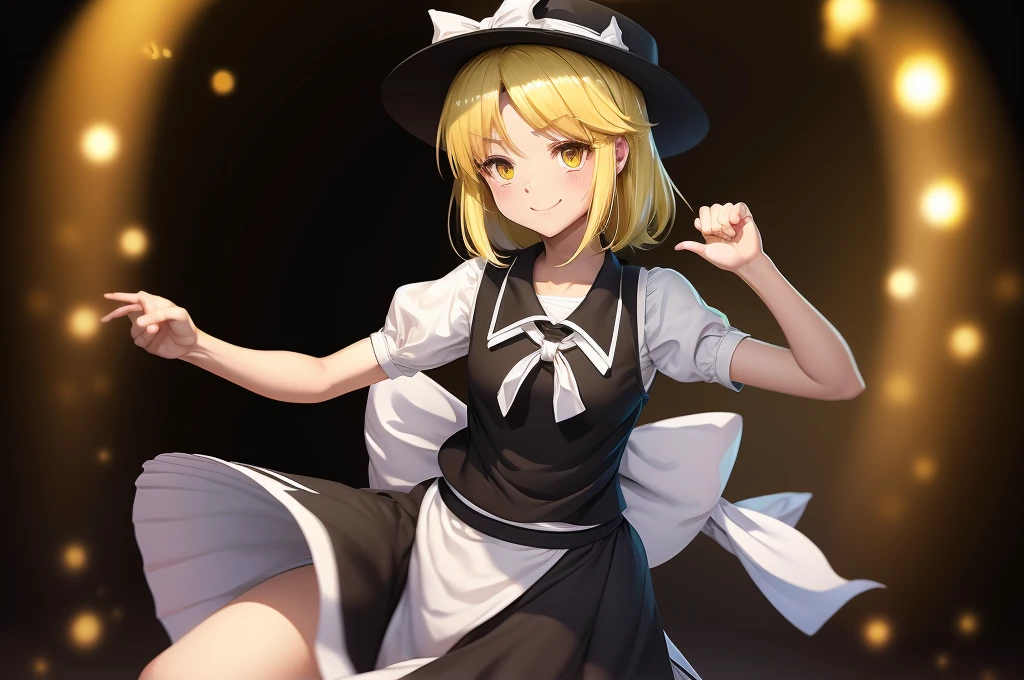 1girl, , , masterpiece, best quality, 10 years old, medium blonde hair, forehead visible bags, yellow eyes, hat, heart, black headwear, puffy short sleeves, log black skirt, heart hads,,1girl, solo, yellow eyes, yellow hair, bow, hat bow, socks, black footwear, black skirt, short sleeves, yuki (touhou), black vest, white sleeves, frill skirt, light smile