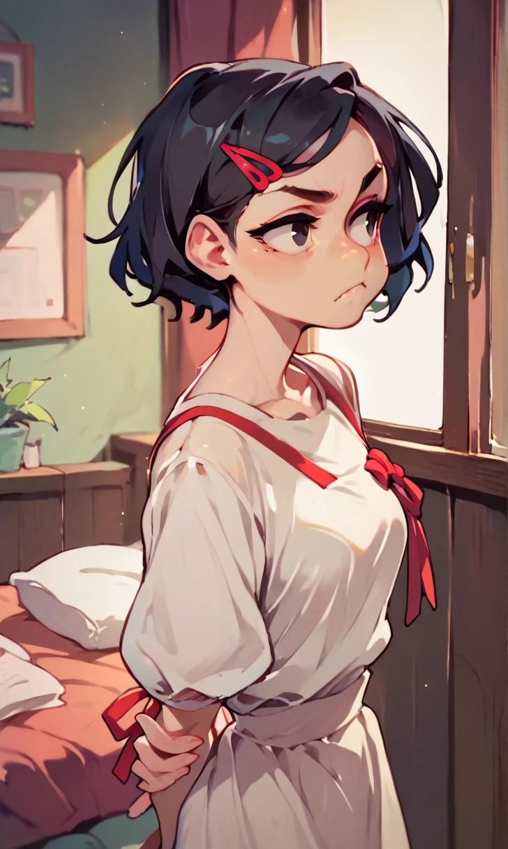 (score_9, score_8_up), score_7_up, score_6_up, score_5_up, score_4_up, Zenko, 1girl, black hair, half-length portrait, hair ornament, hairclip, black eyes, short hair, white dress, red ribbon, standing, hands behind back, looking away, pout, white socks, black footwear, cheeks, pout, indoors, bedroom, close-up xaxaxa