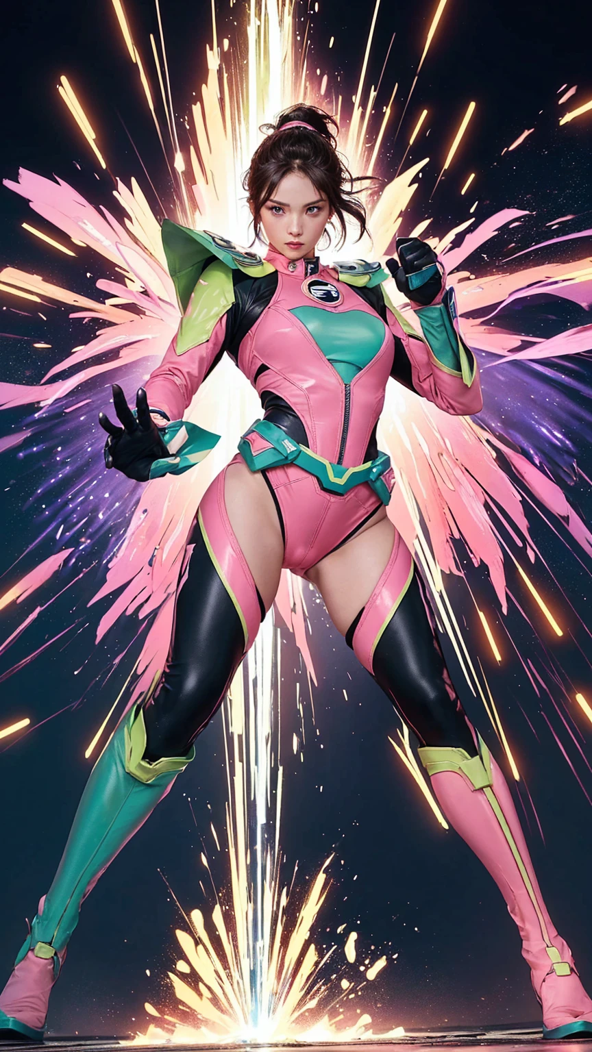 Solo, A brave and courageous image of a 6 member ranger team, Each one is decorated in vibrant colors such as:: ((Pink)), red is front of center, violet, Green, yellow, blue black, white,. Dynamic poses in a background that exudes energy and courage, neon, fire, plasma, Fluorescent, shocking, pink big bomber, splashing pink, running, fighting pose, action pose, Embodying the essence of the classic Sentai superhero team. Each Ranger:: The attire is sophisticated and modern, Each color has elements that reflect its theme., Ready for action. ((Camel Toe)), weapons, in sunset background , in cinematic lighting, cover art mixed cinema poster style,