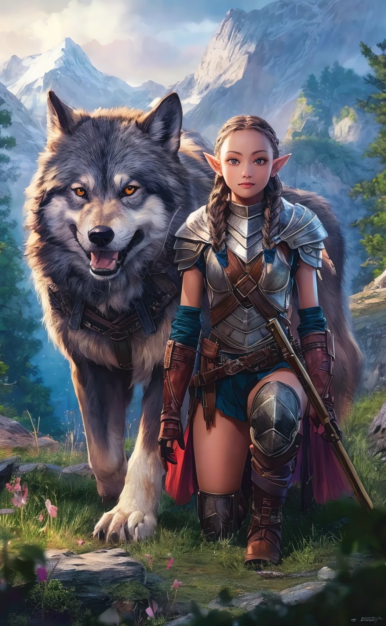 A stunning photorealistic Illustration of a captivating elf ranger and her massive dire wolf companion, beide patrouillieren durch einen mystischen Bergwald. Der Elfen-Ranger, geschmückt mit detaillierter Rüstung, hat lange geflochtene Haare, ein perfektes Gesicht mit großen, wunderschöne Augen, und einem perfekt schlanken Körper. Sie meint es vollkommen ernst, konzentrieren sich auf ihre Nachmittagspatrouille. Der Wald ist erfüllt von hellem, lebendige Farben, und die Szene ist sowohl bezaubernd als auch eindringlich., Illustration, Anime-Serie