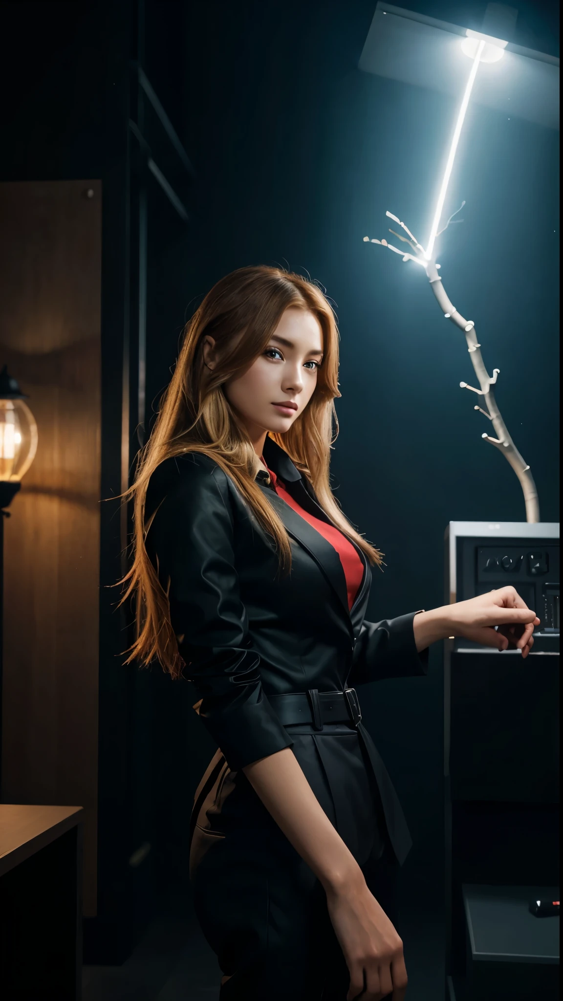 (Realistic:0.2)、Anime illustration、 1 Girl、Red coat、Blonde Hair、 A stage set in Paris, France『Workplace(SFW)』 Black trousers、Black office shirt、 Carmen Sandiego Features、 Bright blue sky、Dramatic long hair、 Under an impressive lightning display、 Shine light directly on your face、Magnifying Light、 Backlight、The face is illuminated、 Fill Lamp、FIL Light、(masterpiece)、 Carmen Sandiego Version 1.1 - Shurik's Artwork: