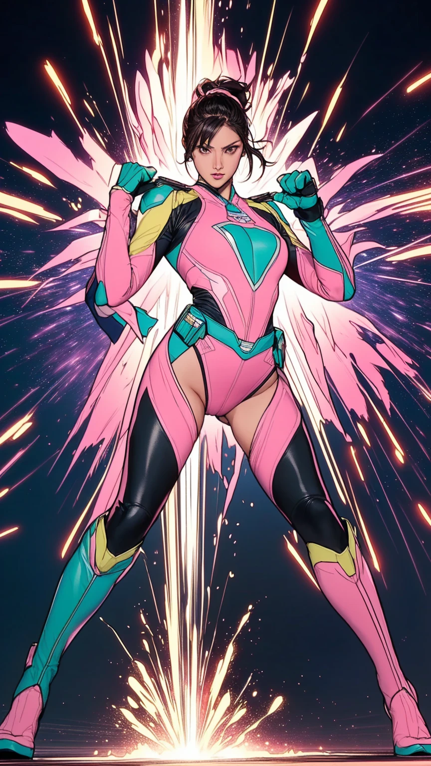 Solo, A brave and courageous image of a 6 member ranger team, Each one is decorated in vibrant colors such as:: ((Pink)), red is front of center, violet, Green, yellow, blue black, white,. Dynamic poses in a background that exudes energy and courage, neon, fire, plasma, Fluorescent, shocking, pink big bomber, splashing pink, running, fighting pose, action pose, Embodying the essence of the classic Sentai superhero team. Each Ranger:: The attire is sophisticated and modern, Each color has elements that reflect its theme., Ready for action. ((Camel Toe)), weapons, in sunset background , in cinematic lighting, cover art mixed cinema poster style,