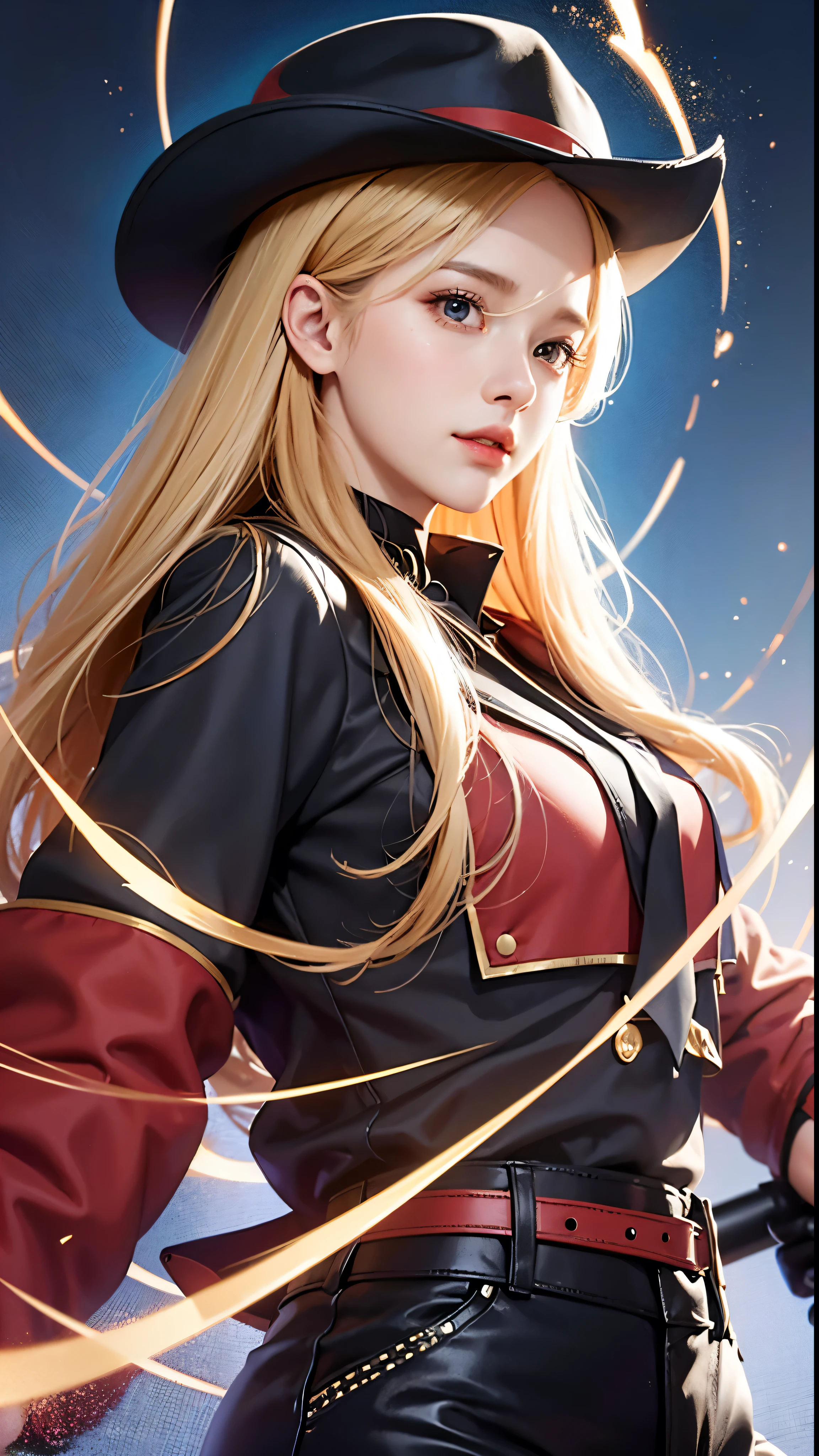 (Realistic:0.2)、Anime illustration、 1 Girl、Red coat、Blonde Hair、 A stage set in Paris, France『Workplace(SFW)』 Black trousers、Black office shirt、 Carmen Sandiego Features、 Bright blue sky、Dramatic long hair、 Under an impressive lightning display、 Shine light directly on your face、Magnifying Light、 Backlight、The face is illuminated、 Fill Lamp、FIL Light、(masterpiece)、 Carmen Sandiego Version 1.1 - Shurik's Artwork: 0.6