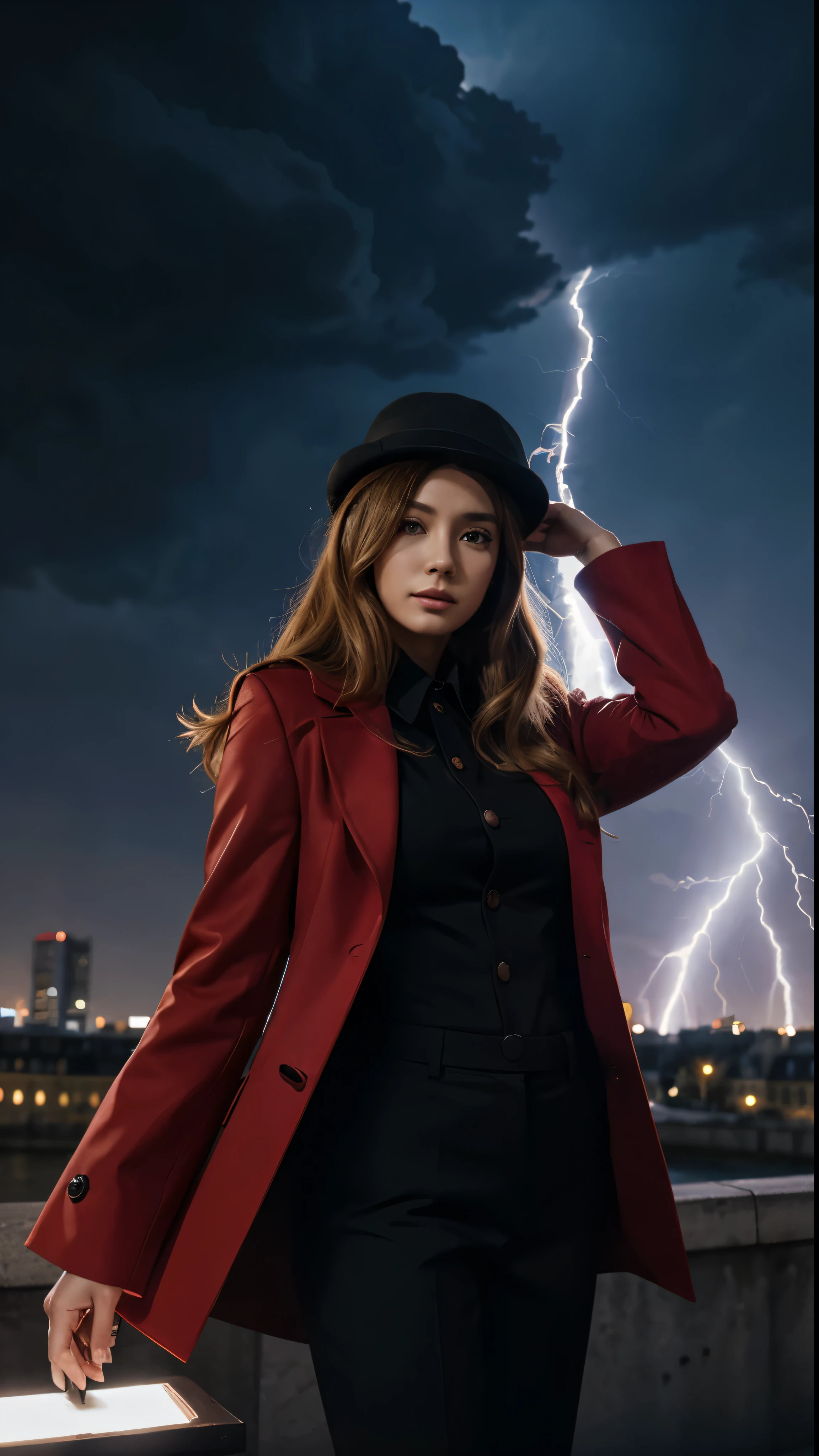 (Realistic:0.2)、Anime illustration、 1 Girl、Red coat、Blonde Hair、 A stage set in Paris, France『Workplace(SFW)』 Black trousers、Black office shirt、 Carmen Sandiego Features、 Bright blue sky、Dramatic long hair、 Under an impressive lightning display、 Shine light directly on your face、Magnifying Light、 Backlight、The face is illuminated、 Fill Lamp、FIL Light、(masterpiece)、 Carmen Sandiego Version 1.1 - Shurik's Artwork: