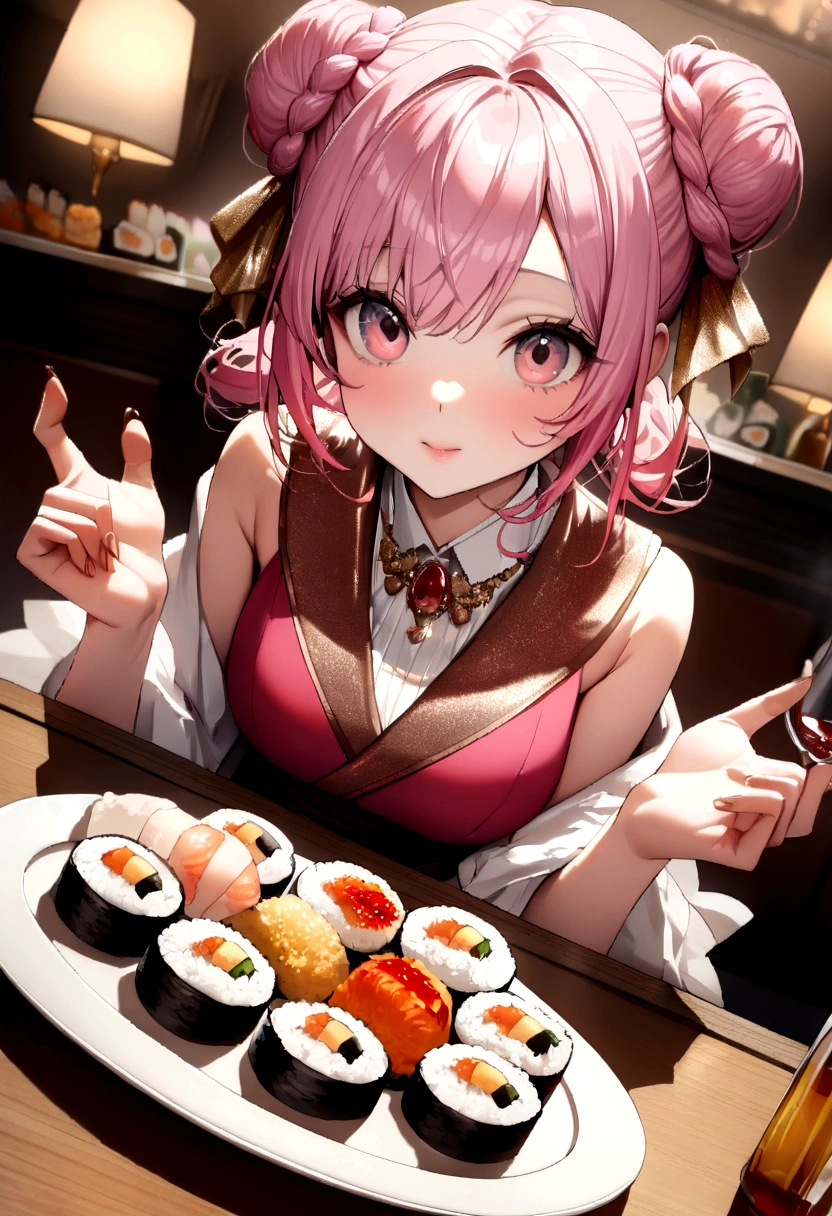 (((Luxurious golden most expensive sushi with rice and sauce))), Fried rice with shrimp, wine, photograph,((masterpiece))、(((Highest quality)))、((Super detailed))、 {Detailed and beautiful eyes}, finely,  Detailed and beautiful eyes,1 Girl, (alone:1.5),  (Hair Ribbon:0.4), Pink Eyes,Cinematic Angles,perspective,(((White bun hair))),(((Long pink hair))),