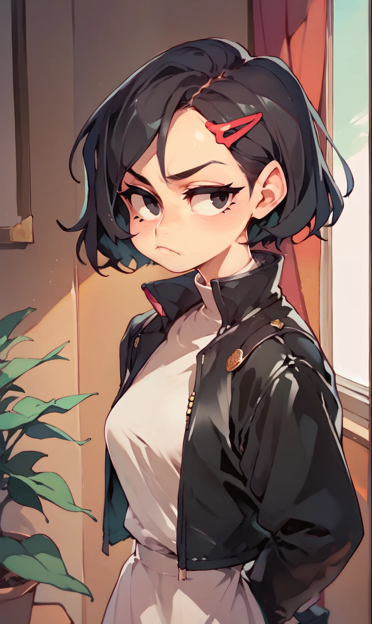 (score_9, score_8_up), score_7_up, score_6_up, score_5_up, score_4_up, Zenko, 1girl, black hair, half-length portrait, hair ornament, hairclip, black eyes, short hair, black leather jacket, white dress, red ribbon, standing, hands behind back, looking away, pout, white socks, black footwear, cheeks, pout, indoors, bedroom, close-up xaxaxa