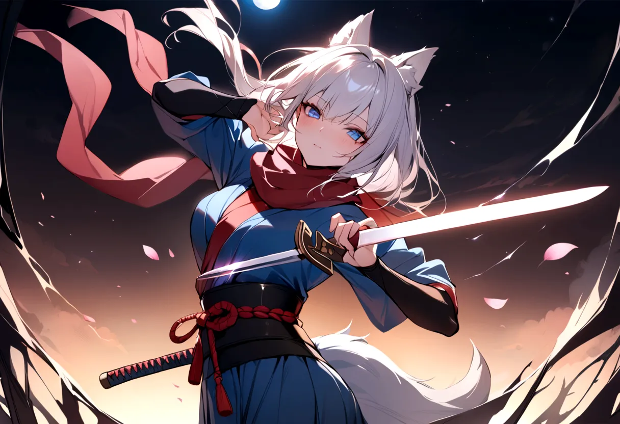 (masterpiece, best quality:1.2), 1girl, 独奏,wolf girl, fox mask, ninja, girl, long white hair, odd eyes, blue kimono, ninja girl,...