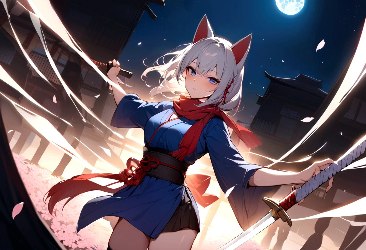 (masterpiece, best quality:1.2), 1girl, 独奏,Wolf girl, fox mask, ninja, girl, long white hair, odd eyes, blue kimono, ninja girl, red and blue scarf,Dancing Cherry Blossoms,Full moon backlighting, light coming in, fantastic atmosphere. Holding a small sword、Cutting action、Shining starry sky、Light shining into pitch black darkness、Shining Sword